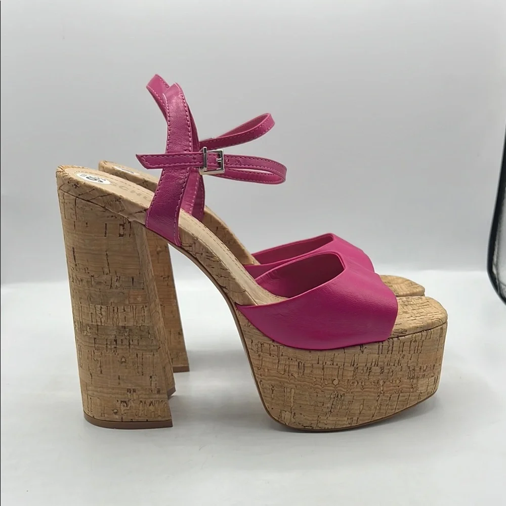SCHUTZ Sz 9 1/2 GLAYCE NAPPA LEATHER‎ SANDAL Pink Tan Platform Chunky Heel NEW